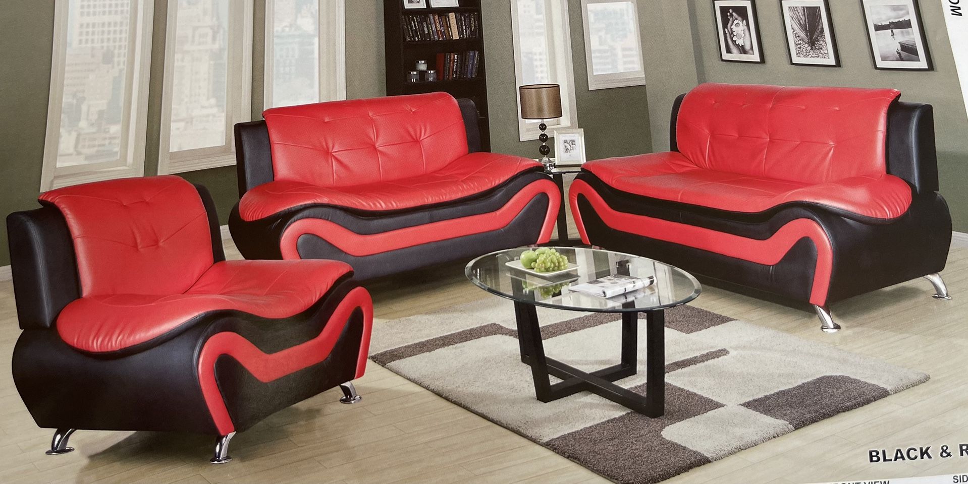 Red And Black Leather Three Piece Couch Set