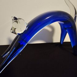 $55.00 - 9" MCM Murano, Italy Glass Cat - Gorgeous  Clear & Cobalt Blue Colors/"Stretching Cat" - LIKE NEW CONDITION!
