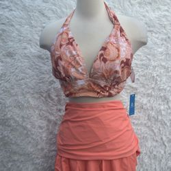 Paisley Halter Bikini Top and Coral Skirt Set Size 1XL Or 2XL