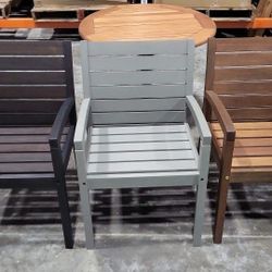 BRAND NEW OUTDOOR 100% FSC Solid Wood Round 31.5 Table with Aluminum Base -3 Multi-Colored Hardwood Chairs
