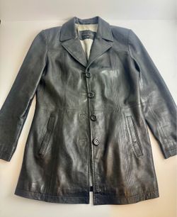 GALLERY Black 100% GENUINE LEATHER Jacket Coat Size - Small Silver Gray Lining