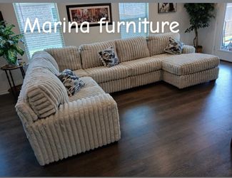 Large Cream Ribbed Sectional Sofa with Chaise