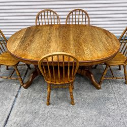 Solid Oak Dining Table Set – Oval Pedestal with 5 Windsor Chairs