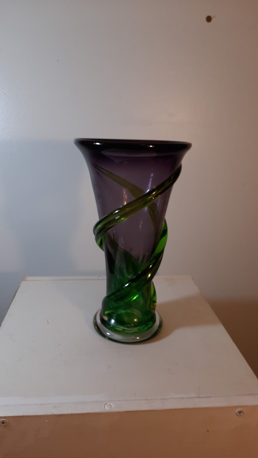 Hand blown glass art purple and green vase