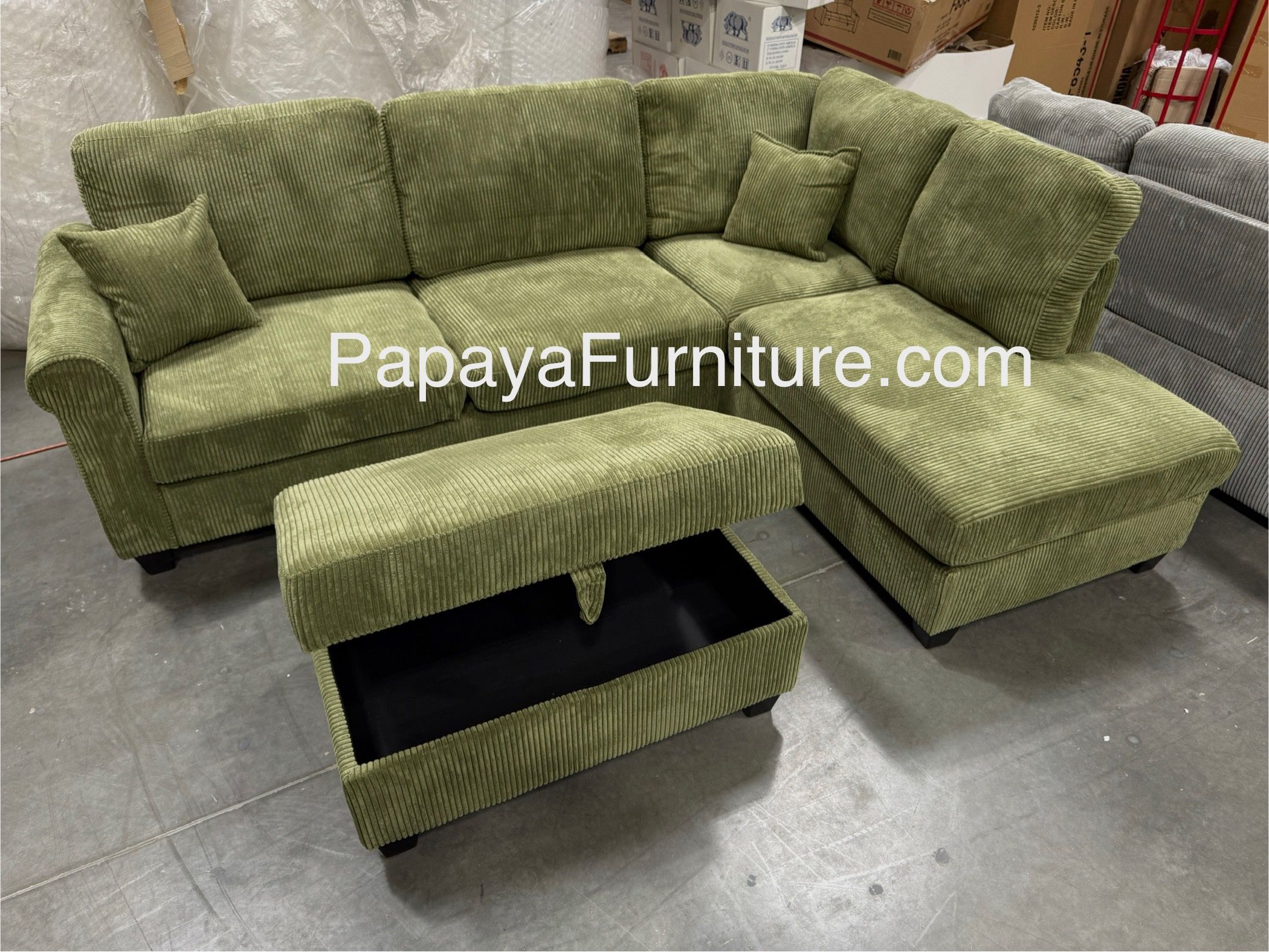 New! 106” Plush Sage Sectional And Ottoman, Sectional Sofa,Green couch, Green Sofa, Sectional And Storage Ottoman, Sectionals, Sofa, Corduroy Sectiona