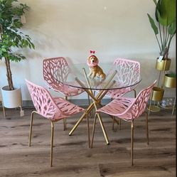 Pink Gold Dining Chairs and Table Set For 4