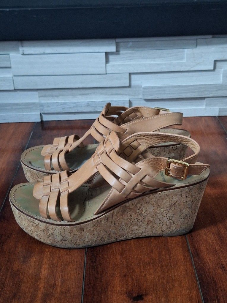 Tory Burch Tan Wedge Sandals with Intricate Straps Size 10.5