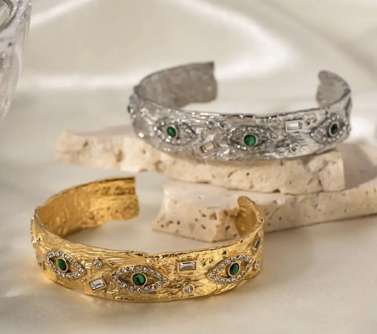 Gold/Silver Bangle Cuff with Malachite Crystal