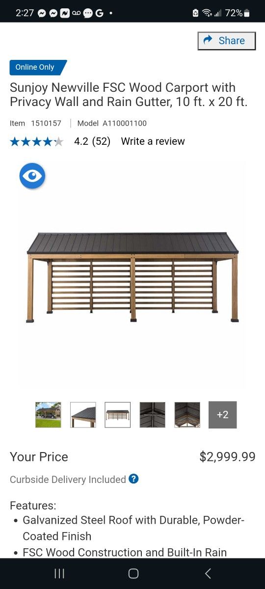 Newville FSC Wood Carport with Privacy Wall and Rain Gutter, 10 ft. x 20 ft. $2,400