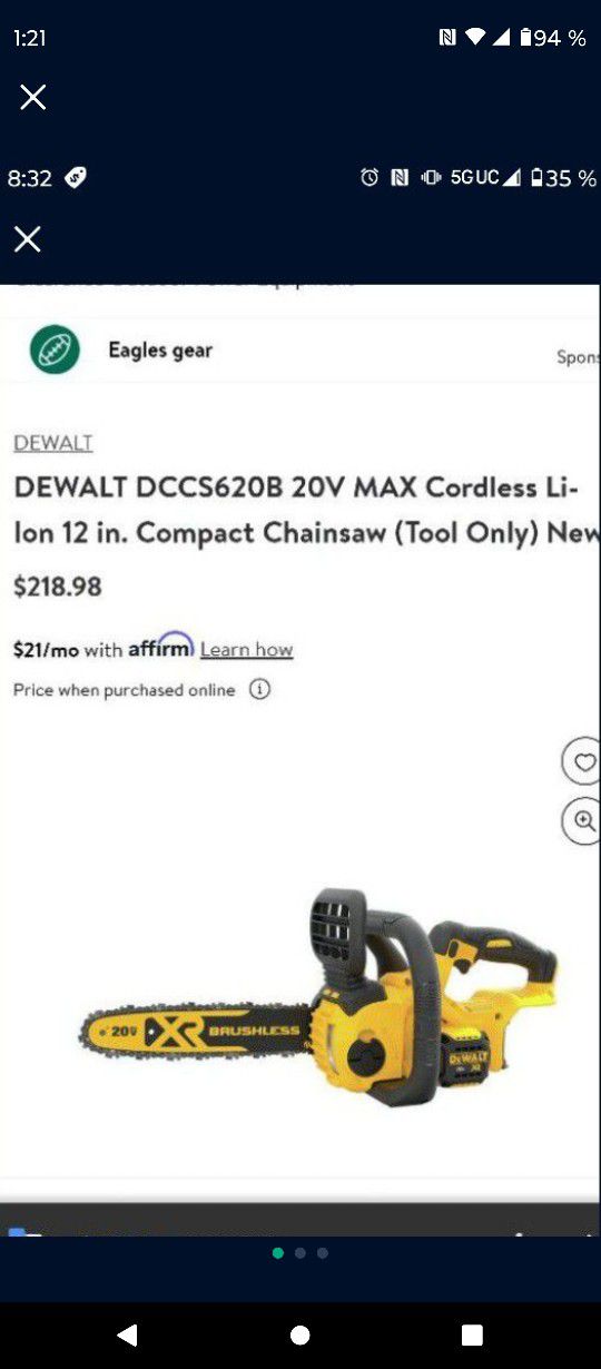 DeWalt 20 V Max Chainsaw Tool Only 