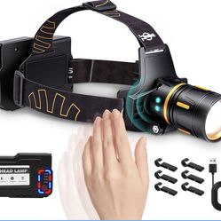 LED Headlamp Rechargeable 3500 Lumens, Dual Beads Headlights Super Bright with 12 Modes & IPX6 Long Runtime Warning Light, Motion Sensor Head Lamp 120