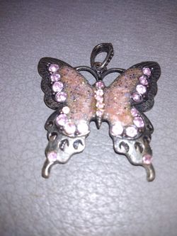 Pink And Silver Butterfly Rhinestone Necklace Pendant