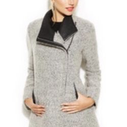 COAT Calvin Klein Asymmetrical Faux Leather Trim Wool Blend Coat - Gray