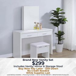 White Vanity Set with Mirror and Storage Stool