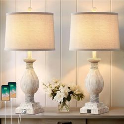 Rustic Farmhouse Table Lamps for Living Room Set of 2 with USB Charging Ports, Vintage Traditional Bedside Table Lamp for Bedroom Nightstand Wooden Fi