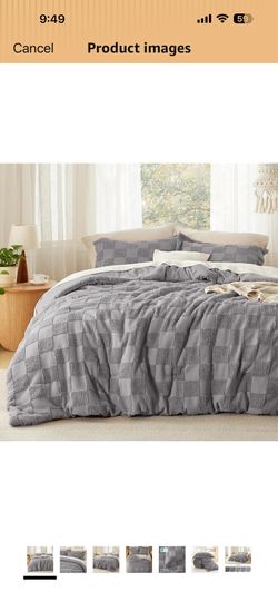 Bedsure Grey Queen Size Comforter Set, Boho Tufted Bed Set, Checkered Farmhouse-Style Distressed Vintage Bedding, 3 Pieces, 1 Plaid Geometric Comforte