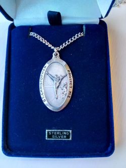 Huge Sterling Silver St. Christopher Football Medal on a 24-inch Stainless Steel Chain. Religious jewelry.