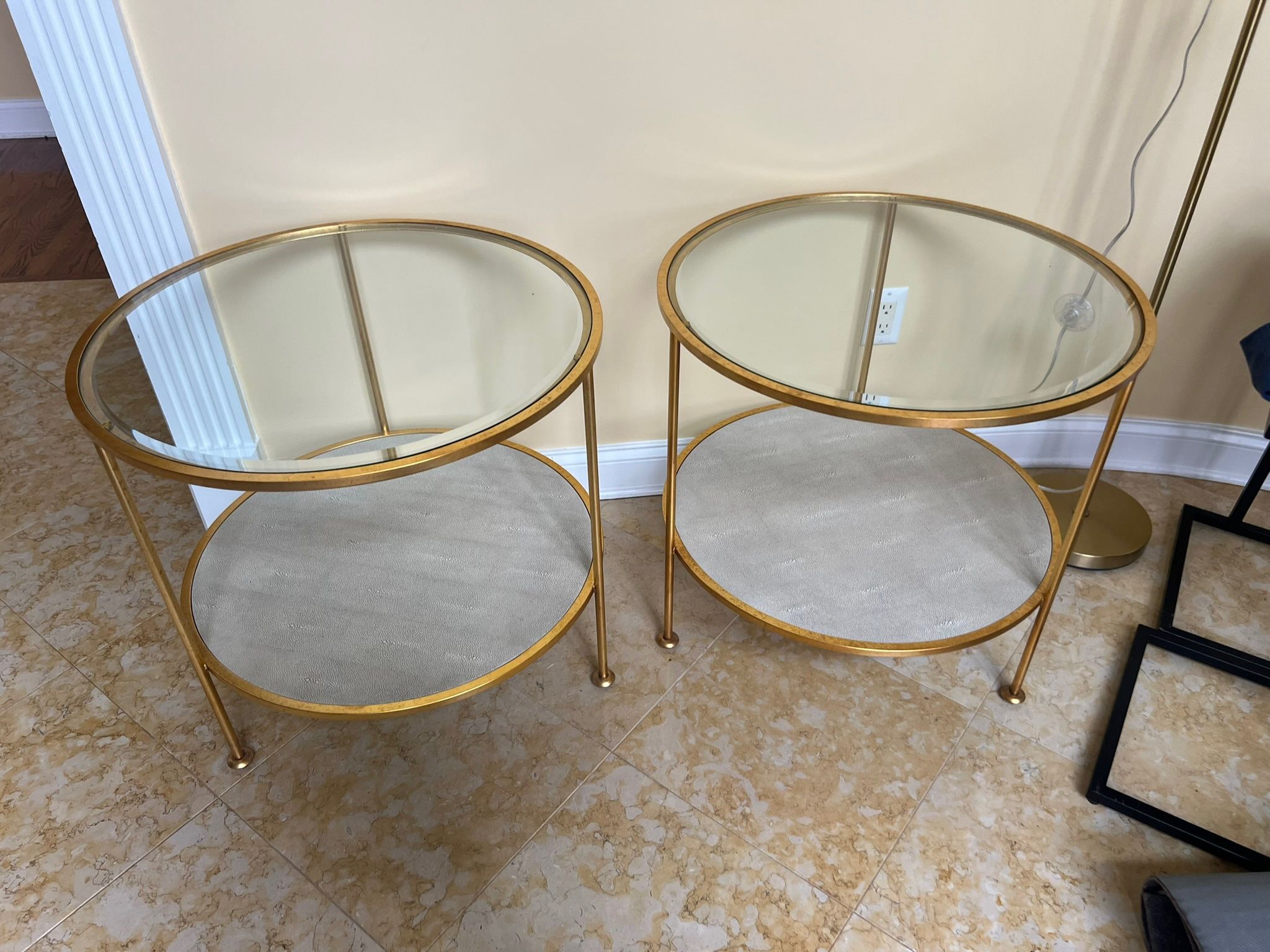 Gorgeous Pair of Gold Glass and Shagreen Tables in Excellent Condition 24h x 25 dia Smoke and pet free household