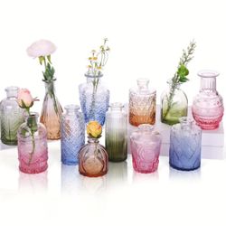 12pcs Vintage Glass Bud Vases, Multicolor, New