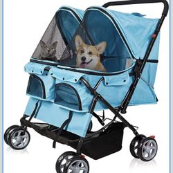 Folding Pet Stroller Twin Walk Jogger Travel Pet Carriage Cart with Storage Puppy Dog Cat Small Animals Travel Strollers with 360 Rotating Front Wheel