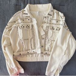 Boho Style Denim White Crop Jacket Size M Prefect For Coachella Or Stagecoach