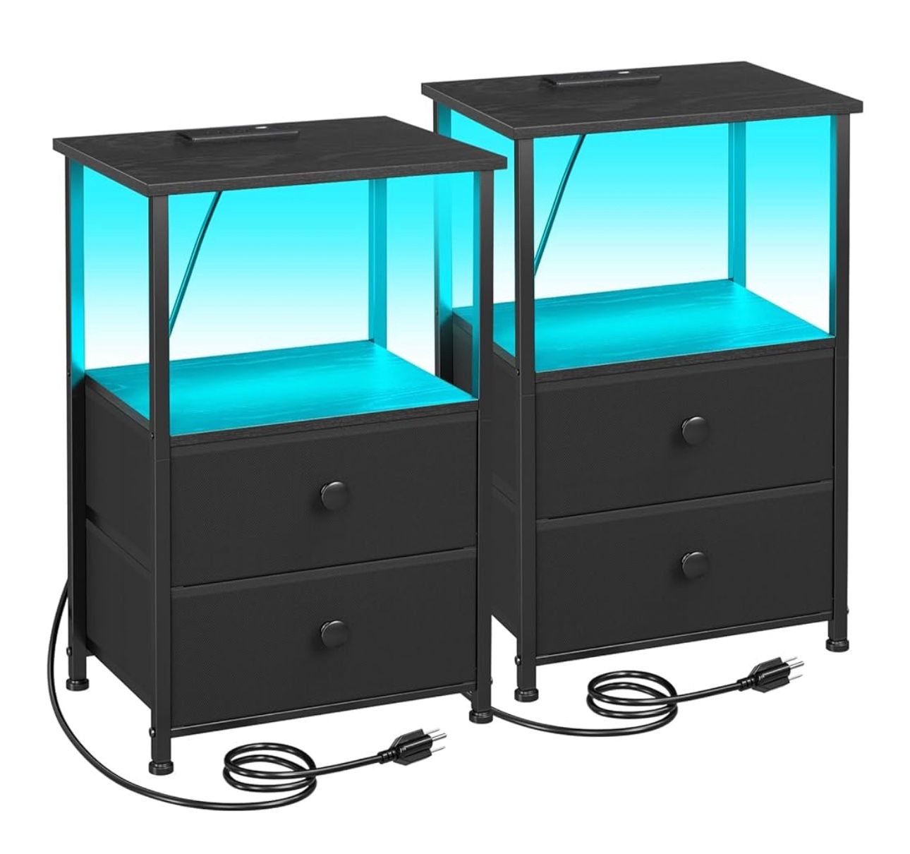 Night Stand Set 2, LED Nightstand with Charging Station, End Tables with Storage Shelf, Bedside Table with 2 Fabric Drawers for Bedroom, Small Spaces,