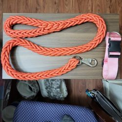 Fenghuange Braided Redish-Orange Heavy Duty 49" Inch Dog Leash Plus A Large 2" Inch Width Nylon Baby Pink Dog Collar 