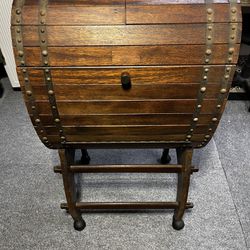 Antique Wooden Whiskey Barrel Rolling Bar Cart
