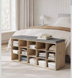 LHS015T60 Entryway Shoe Bench with Padded Seat and 15 Compartments, Entrance Shoe Rack, Holds 200 kg, Oak with Blue and Grey Grains