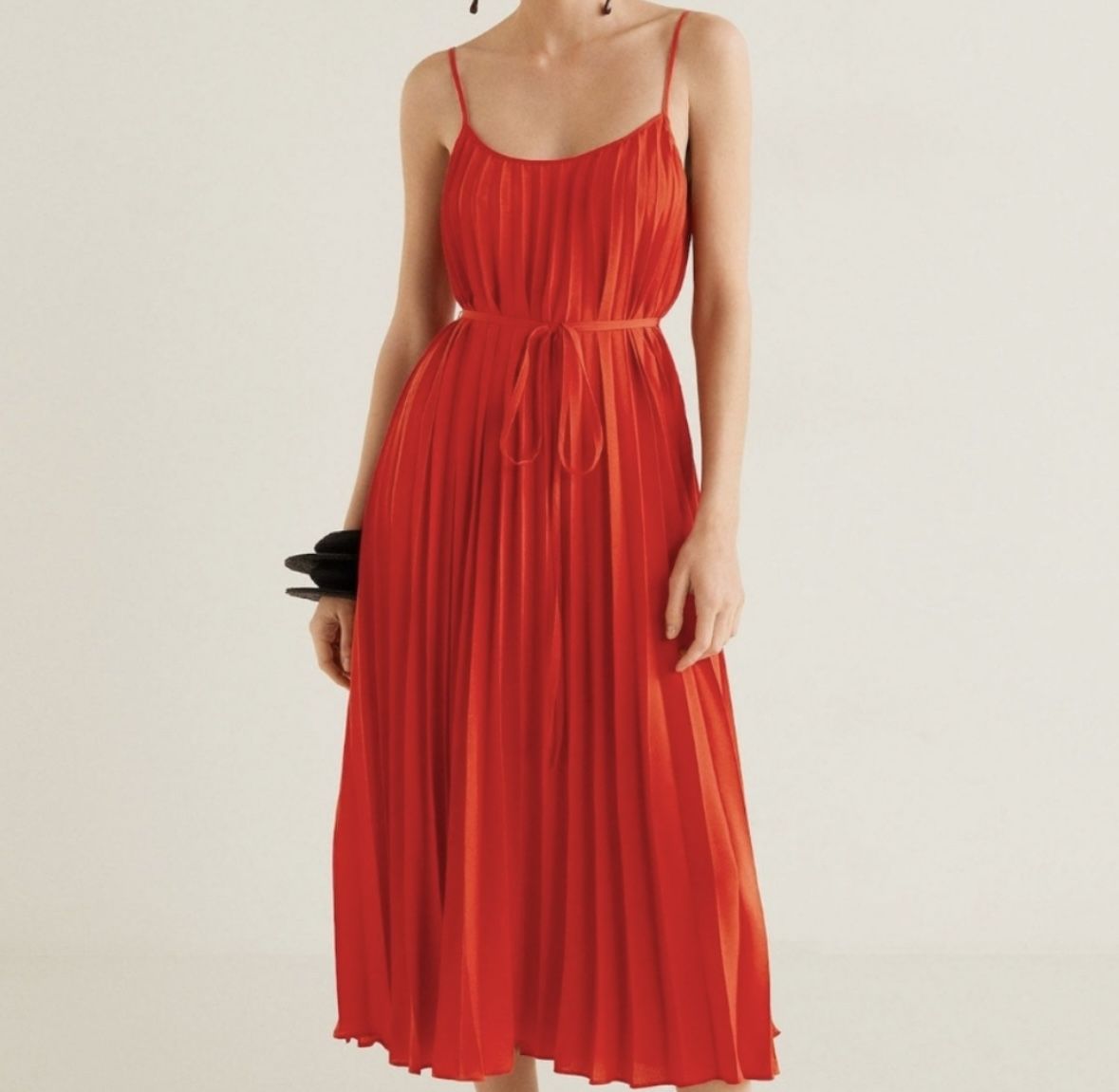 Sam Edelman Hammered Satin Plissé Dress Red/Coral Tie Waist Pleated