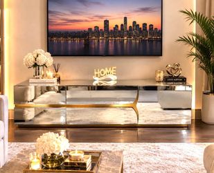 70” TV STAND MIRRIR 2 DRAWER GOLD DETAILS