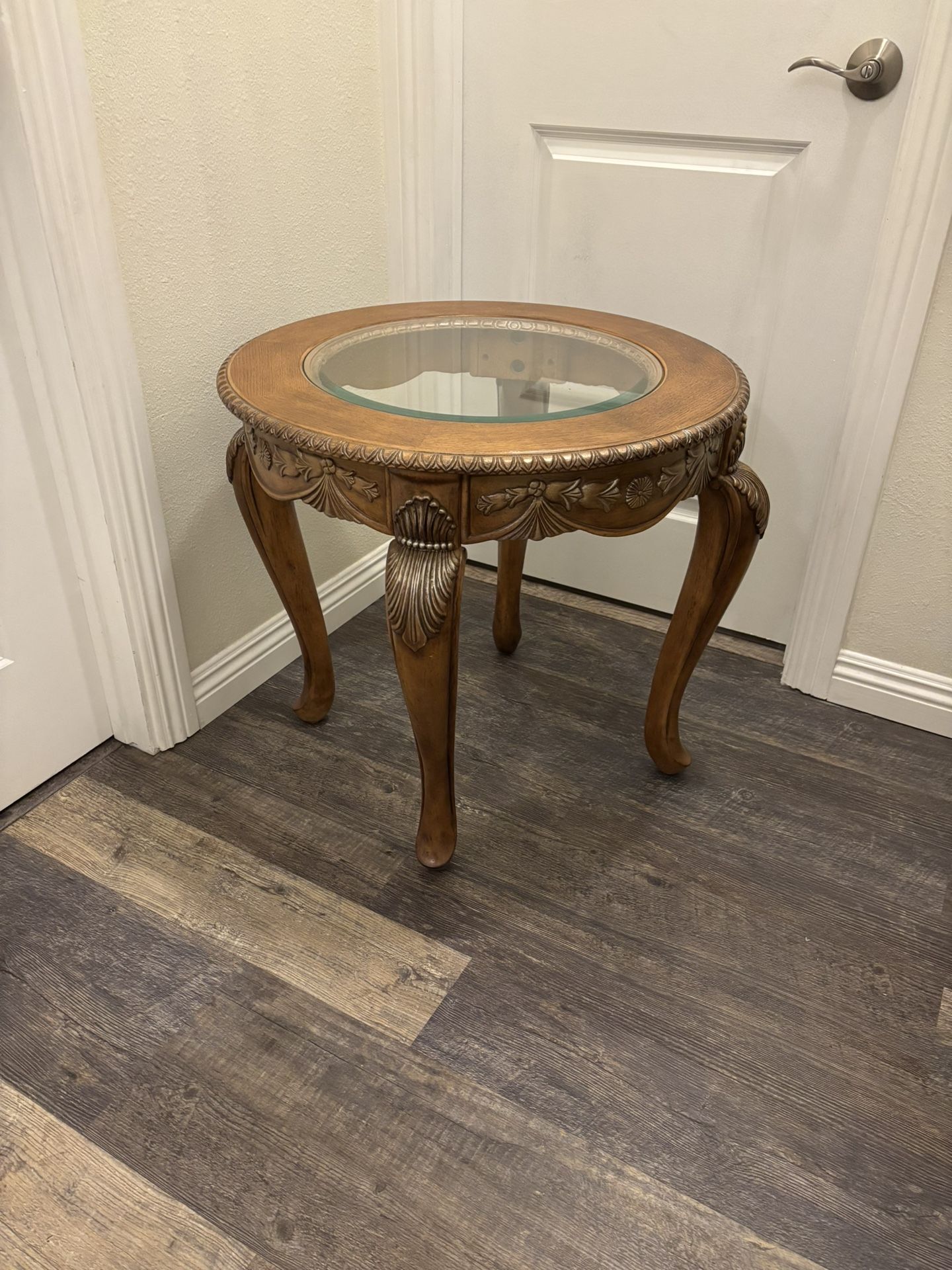 Vintage Wood Round Table With Glass