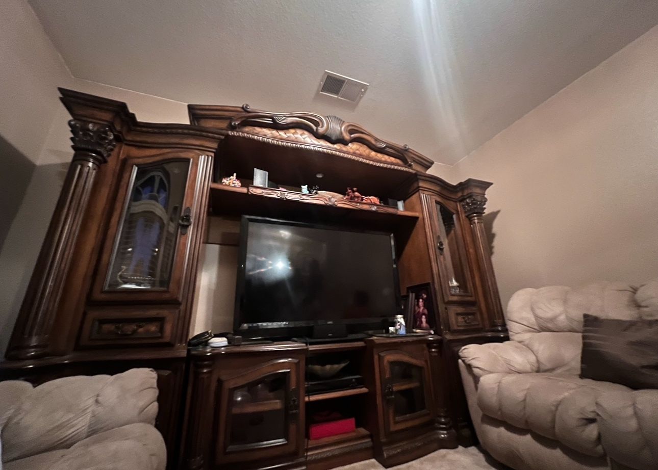 Elegant Large Wood TV Entertainment Center – Adjustable Size, Built-In Lights, Tons of Storage