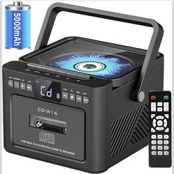 Boombox Cassette CD Player Bluetooth5.1 with 5000mAh Battery,5W Dual Stereo Speakers,Rechargeable CD Player with FM Radio,Remote Control,Tape Recordin