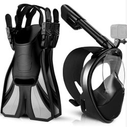 Odoland Snorkeling Packages, Full Face Snorkel Mask for Adults & Youth with Camera Mount, Adjustable Swim Fins, Anti-Fog Anti-Leak Diving Gear for Men