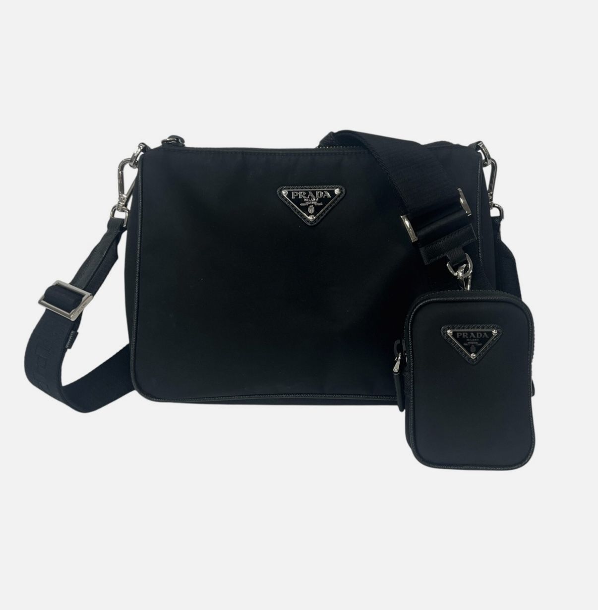 PRADA Black Re-Nylon Saffriano Leather Zip Crossbody Bag w/ Pouch Unisex