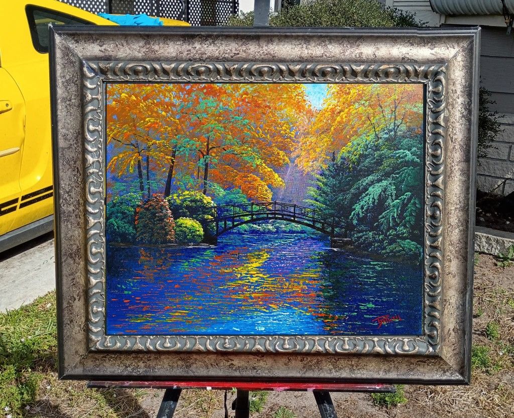 Bridge in Autumn original impressionism acrylic on canvas