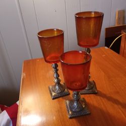 Amber Glass Candle Holder Set Of Three