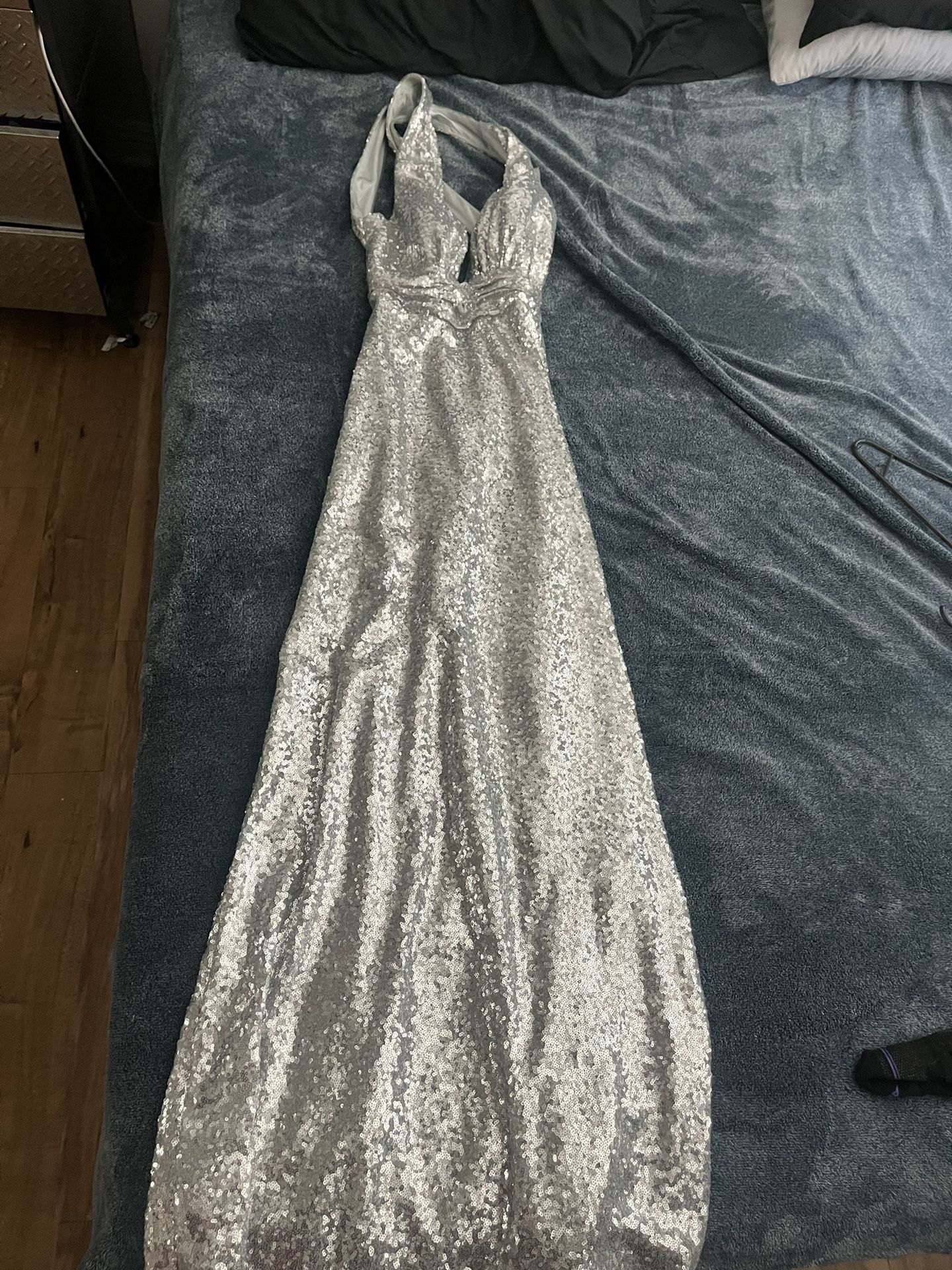 Bridesmaid Wedding Party Dress Silver Sequin 