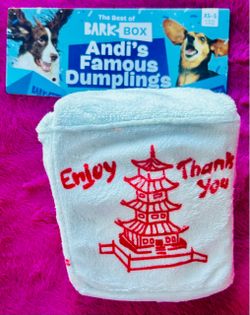 Dog toy of 4 dumplings in take out box