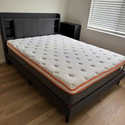 Queen size Gray Upholstery Bed Frame with Storage and USB Outlet and 12” Thick Mattress 