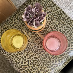 3 Piece Set, 2 Geometric Repurposed Candle Holder And Purple Roses