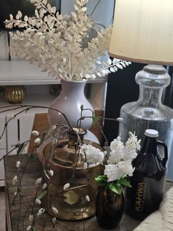 Amber vases and cold brew bottle.