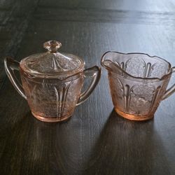 Pink Cherry Blossom Depression Glass Sugar And Creamer Set