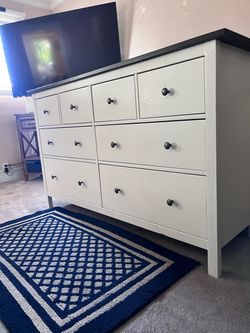 IKEA HEMNES 8-Drawer Changing Dresser, unique custom design. Solid piece, white body with a custom stained top and black trim, perfect for a nursery w