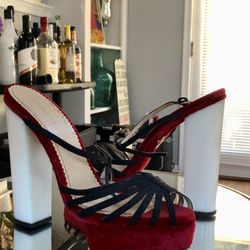 Charlotte Olympia Red/Black Suede Leather Spider Heels (Sz.10)