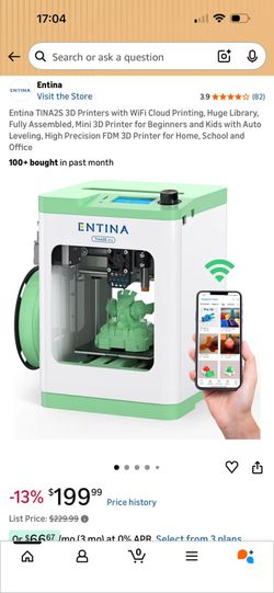 Entina TINA2S 3D Printers with WiFi Cloud Printing