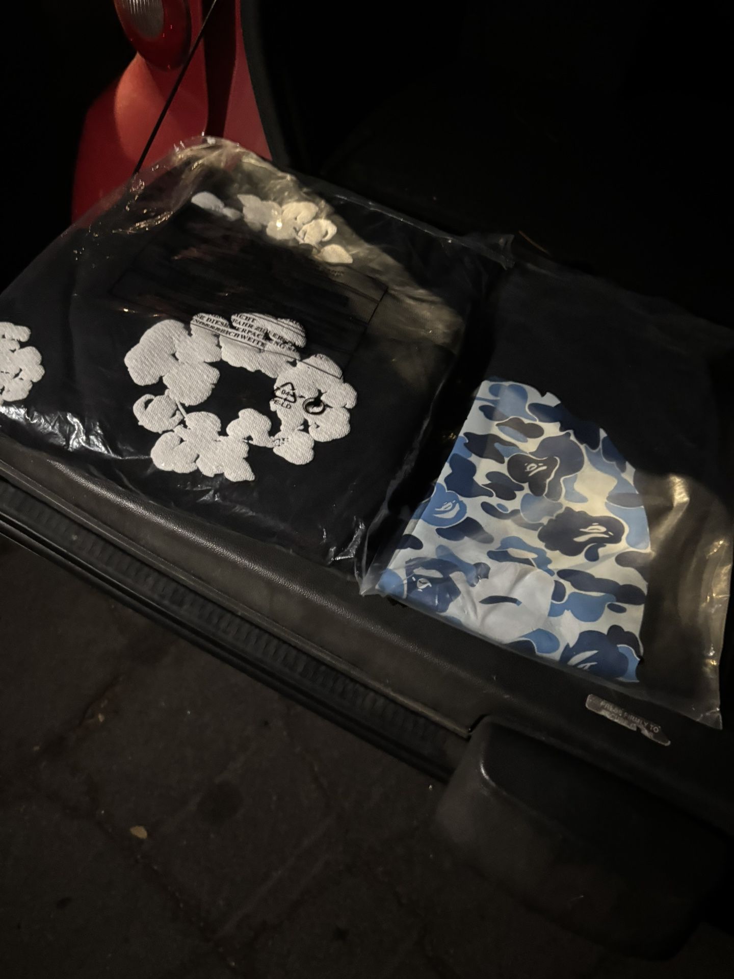 denim hoodie and blue bape shirt