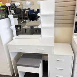 Lighted Vanity Desk with Sliding Mirror White Makeup Table with 5 Drawers, Storage Shelves, Cushioned Stool, LED Dressing Table Set for Women, New