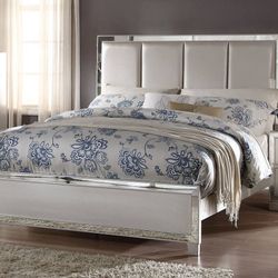 Brand New Platinum Bed with Upholstered Headboard and Mirror Trim